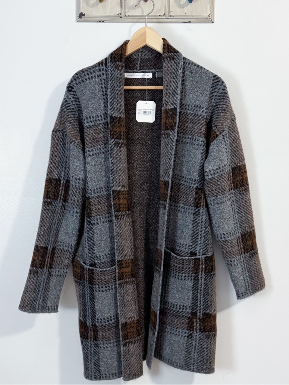 Altar'd State Cozy Plaid Open Cardigan in Gray & Brown